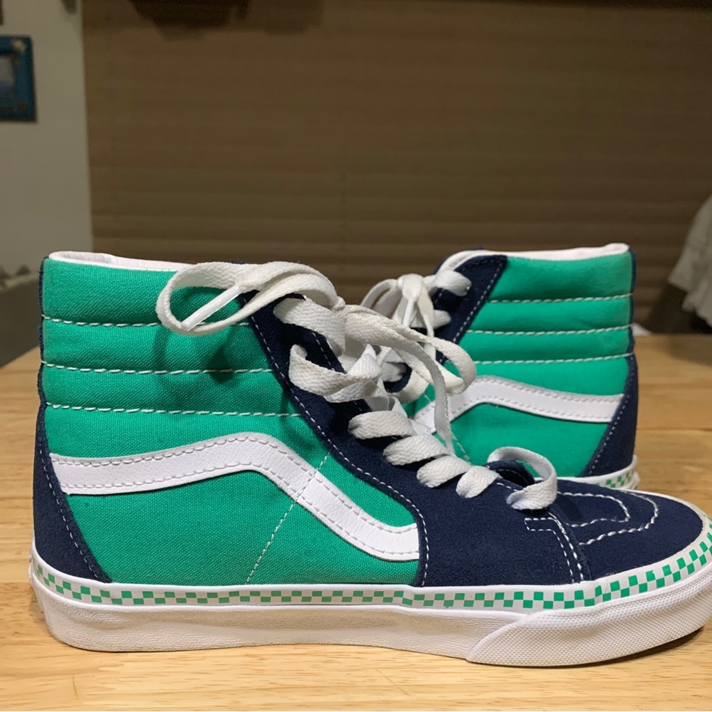 Vans Sk8 Hi Skate High Top Shoes Navy Suede/Aqua Canvas Green Checkered Womens 6